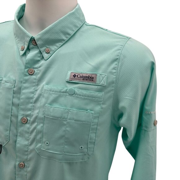 Columbia PFG Boys Large Shirt Omni-Shade Sea Foam Button Fishing - Picture 2 of 6